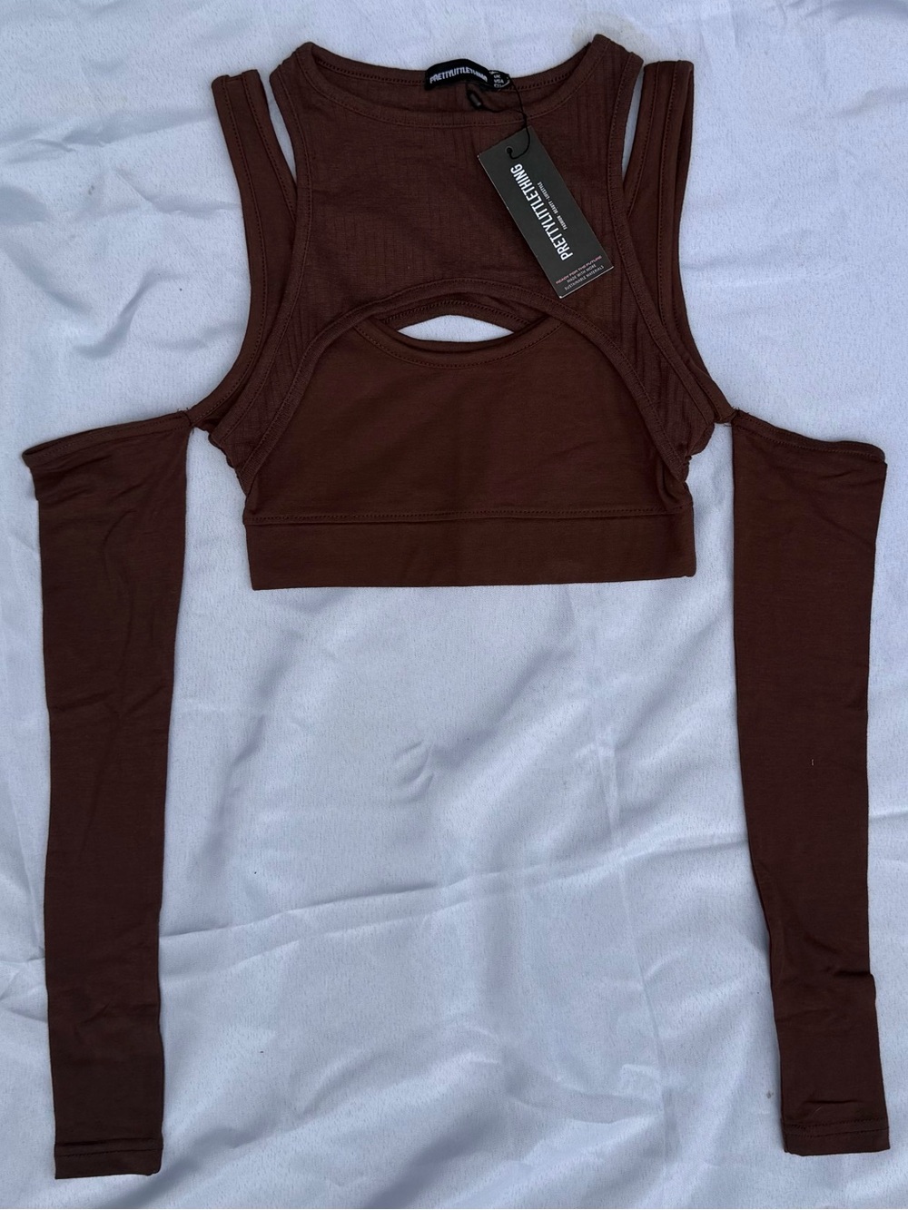 NWT PrettyLittleThing Brown Ribbed Cutout Long Sleeve Crop Top